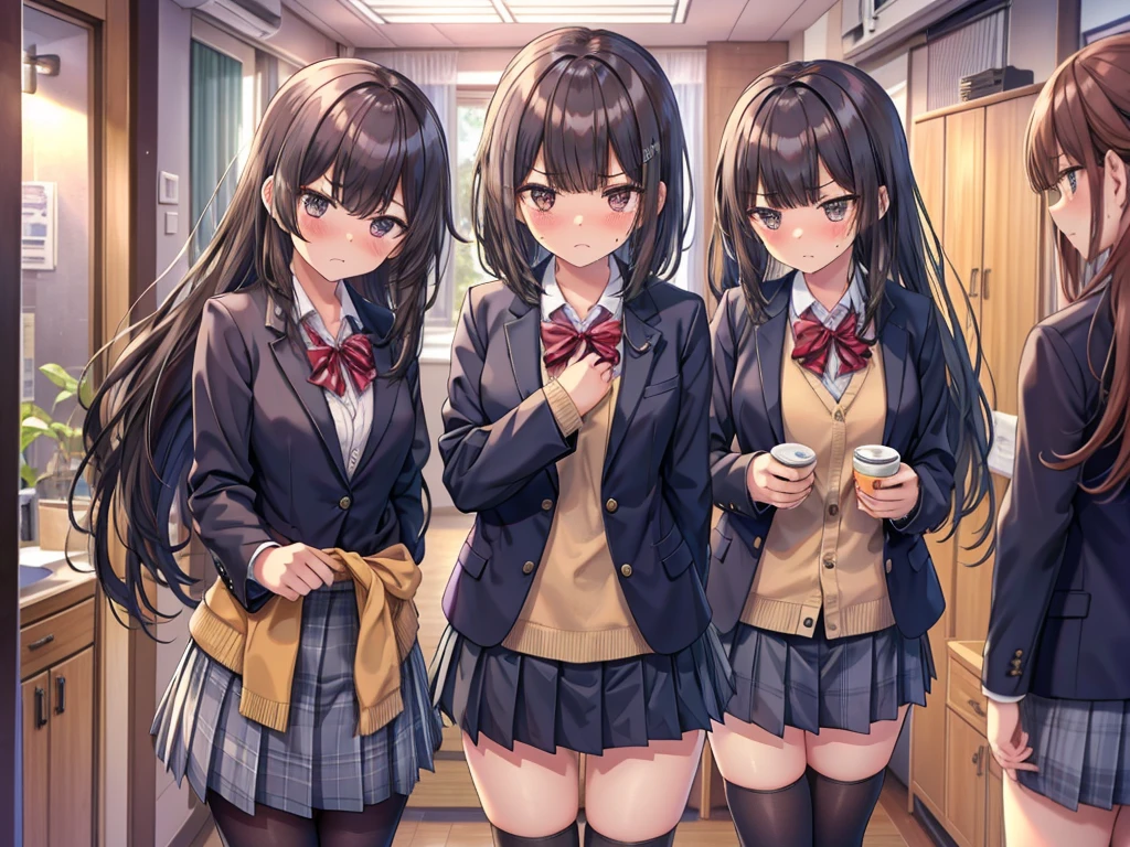 Colleges and universities　Girls-only school　Baby Face　Multiple female students　Colleges and universities教室の背景　Center of the room　Multiple female studentsが口喧嘩　beautiful girl　Classmate　Multiple women　　　belligerent　Angry with frown　　Very cute blazer　　Blushing cheeks　Very embarrassed look　Angry attitude　glaring at each other