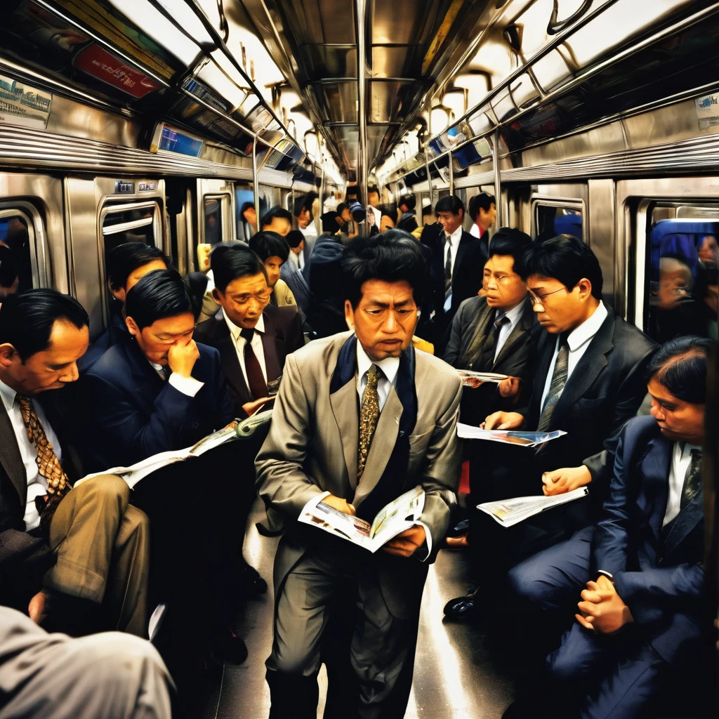 Description of an Image Hiring Lives: Traditional Work vs.. Marketing Digital com charachter Masculino
Metade Esquerda (Traditional Work - Crowded Subway)
fund: A crowded subway car during rush hour, with many people standing and holding on to the support bars.
charachter: a middle aged man, wearing formal work clothes like a dress shirt, pants and tie.
Facial expression: Visibly tired and stressed, holding a subway handle with one hand and a smartphone in the other.
Additional Elements: The carriage is full of people with tired expressions., some reading newspapers or looking at their phones. The environment is cramped and uncomfortable.
atmosphere: Dark and congested, with faded colors and cold lighting, symbolizing the tiring routine and lack of freedom.