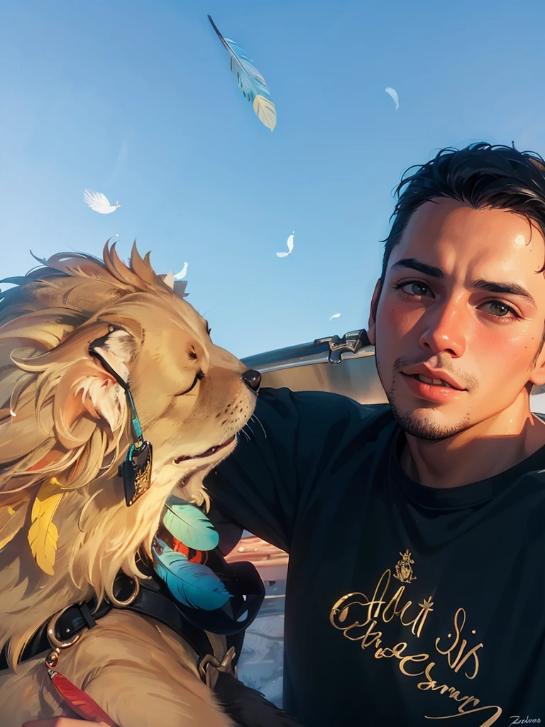 there is a man sitting in the back of a truck with a dog, selfie of a dog, around 1 9 years old, snapchat photo, profile picture, he is about 20 years old, he is about 2 0 years old, with his hyperactive little dog, he has yellow wolf eyes, he is about 2 5 years old, profile pic, with dogsHD, (Best Detail), (Best Quality), Detailed Features, (Colored Feathers:1.5), Metal Ornaments, Particles, Light, (Fractal Art: 1.1), (Colorful: 1.1), Highest Detailed, (Zentangle: 1.2), (Abstract Background: 1.3), (Shiny skin), (many colors:1.4), (feathers:1.4),
