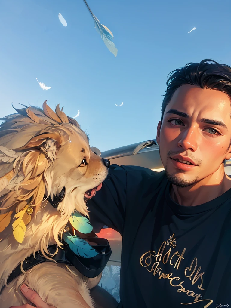 there is a man sitting in the back of a truck with a dog, selfie of a dog, around 1 , snapchat photo, profile picture, he is about 20 years old, he is about 2 0 years old, with his hyperactive little dog, he has yellow wolf eyes, he is about 2 5 years oldic, with dogsHD, (Best Detail), (Best Quality), Detailed Features, (Colored Feathers:1.5), Metal Ornaments, Particles, Light, (Fractal Art: 1.1), (Colorful: 1.1), Highest Detailed, (Zentangle: 1.2), (Abstract Background: 1.3), (Shiny skin), (many colors:1.4), (feathers:1.4),