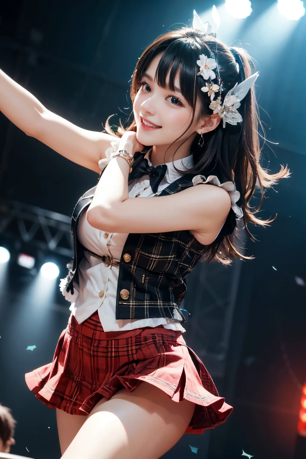 very cute and beautiful girl,(highly detailed beautiful face and eyes),(smile:1.2),happy,
black hair,looking at viewer,dancing,singing,beautiful legs,
teen idol costume like AKB48,akiba idol with detailed frills,plaid vest,
live stage,concert hall,spot light,
(best quality,masterpiece),absurdres,highres,ultra-detailed,extremely detailed,32k,8k resolution,
intricate details,cinematic scene,detailed background,solo,dynamic angle,