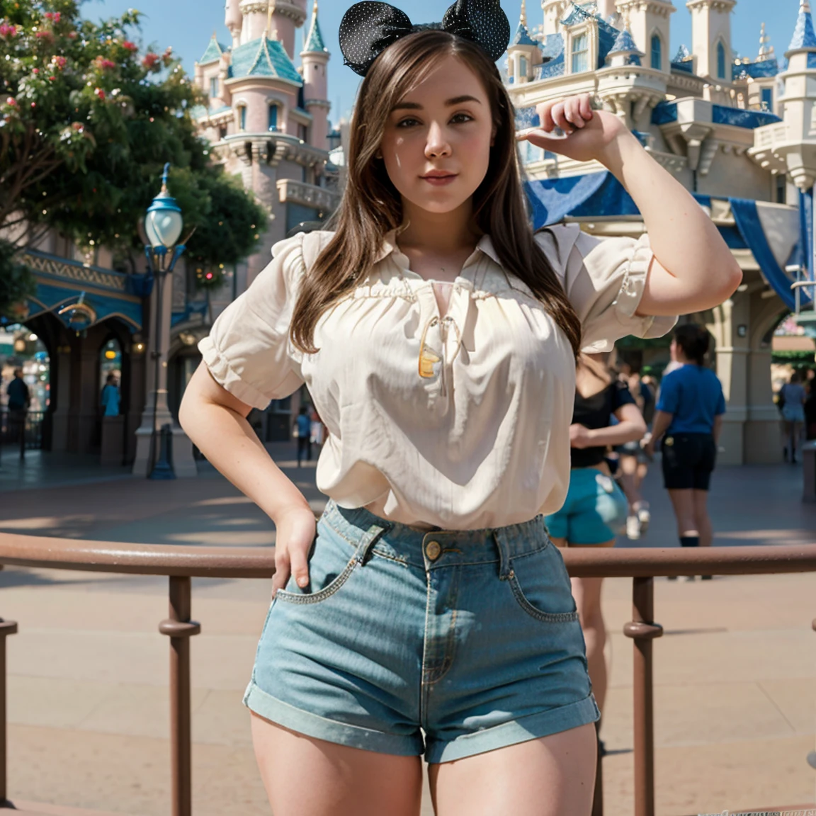 Bryci, pale skin, Photography, Highly detailed, ((best quality)), ((masterpiece)), (detailed), perfect face, well defined and muscular thick legs, PAWG,(( with shorts and blouse, in disneyland))