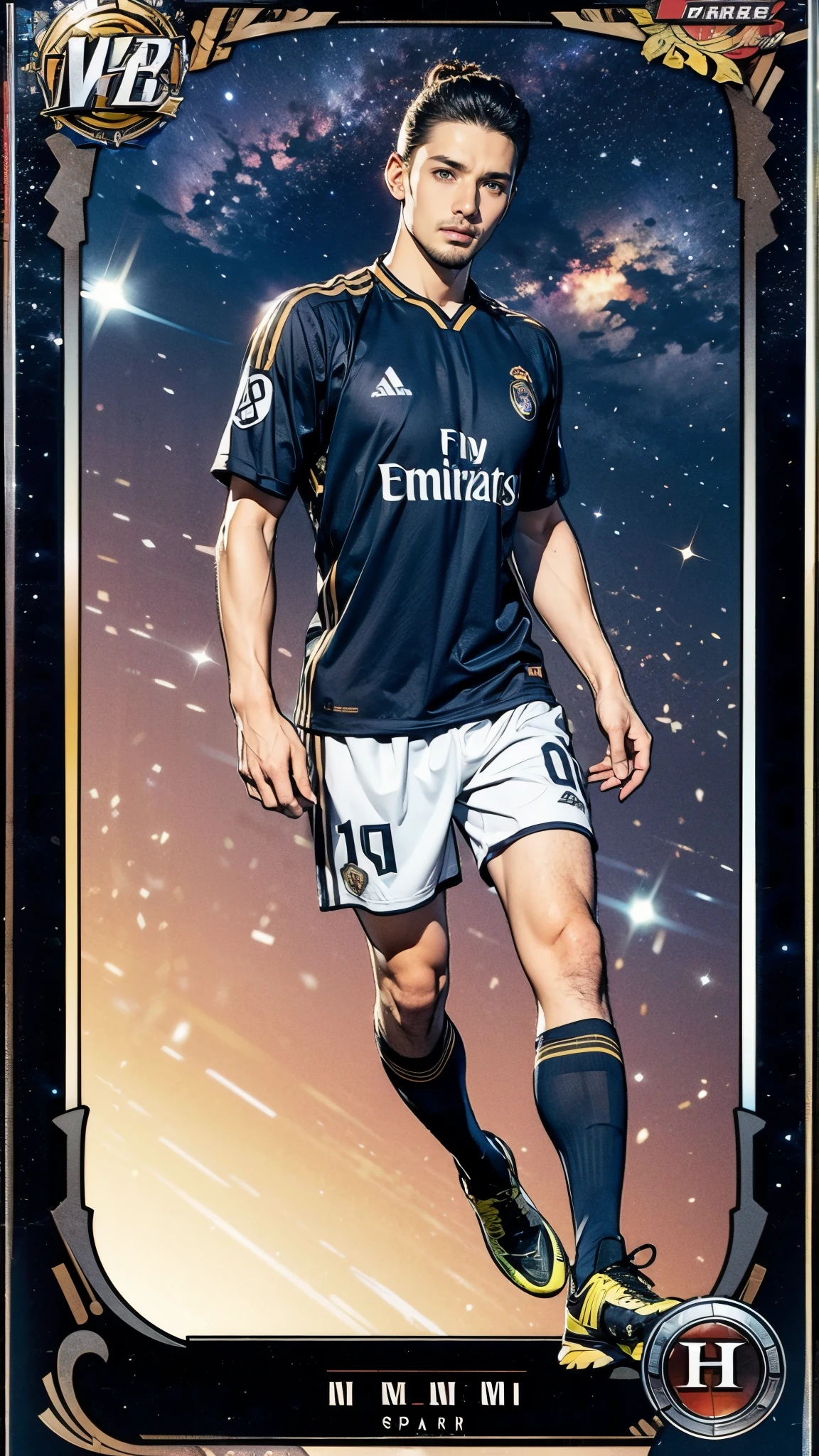 (masterpiece:1.2, Highest quality),(Super detailed),(Highest quality),(High resolution),(Photorealistic Stick),(RAW Photos),8k,wallpaper,(Nanmi male:1.5),(Soccer Player Trading Cards),(((Beautiful trading cards))),((Special trading cards)),((Upper Deck-inspired design)),(Real Madrid shirt),(Soccer Shoes),(((front))),(((whole body:1.5))),(Serious),((Detailed hands)),(((dynamic))),((The background is the galaxy))