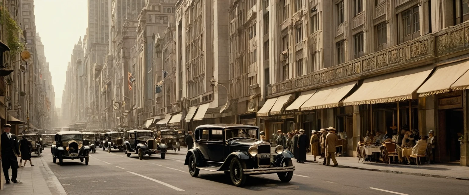 A bustling metropolis in the 1920s Art Deco style. Tall buildings with geometric shapes and ornate facades line the streets. Vintage cars and elegantly dressed pedestrians add to the atmosphere of sophistication and glamour