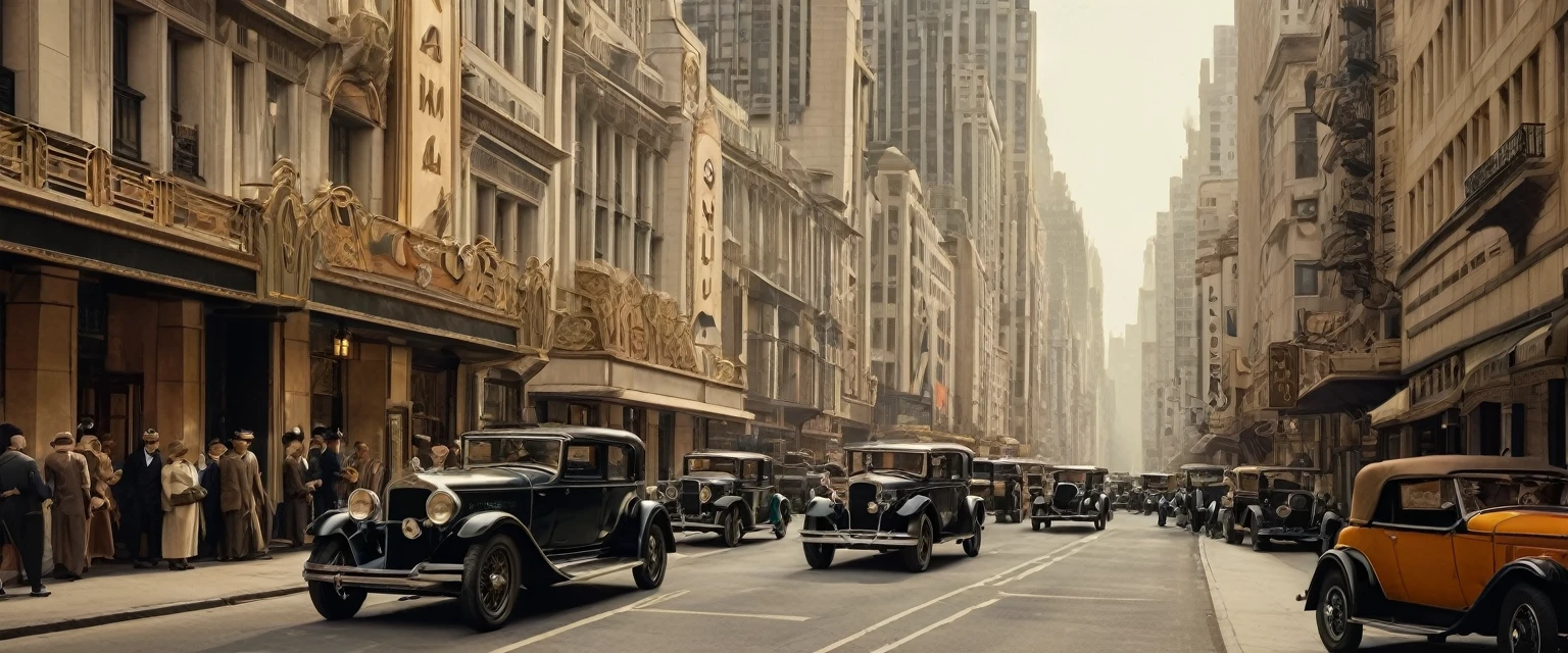 A bustling metropolis in the 1920s Art Deco style. Tall buildings with geometric shapes and ornate facades line the streets. Vintage cars and elegantly dressed pedestrians add to the atmosphere of sophistication and glamour