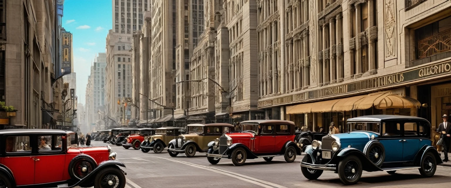 A bustling metropolis in the 1920s Art Deco style. Tall buildings with geometric shapes and ornate facades line the streets. Vintage cars and elegantly dressed pedestrians add to the atmosphere of sophistication and glamour