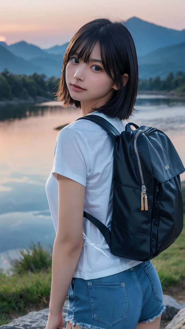 Highest quality, masterpiece, Ultra-high resolution, (Realistic:1.3), RAW Photos, (Nature landscape photography), (Majestic Mountain々The summit of the, sea of clouds), (On top of a very large mountain), (sunset), (One Girl), (Upper Body), (20-year-old), (smile:0.9), (Glowing Skin), (short hair, Dark brown hair), (White T-shirt), (Casual shorts), (Carry a large backpack on your back), (Ultra detailed face), (Super beautiful poop), (Highly detailed eyes), (Highly detailed nose), (Highly detailed mouth), (Very skilled hands), (Super-detailed body), Sony a7, 85mm lens, f9.0, Pan Focus