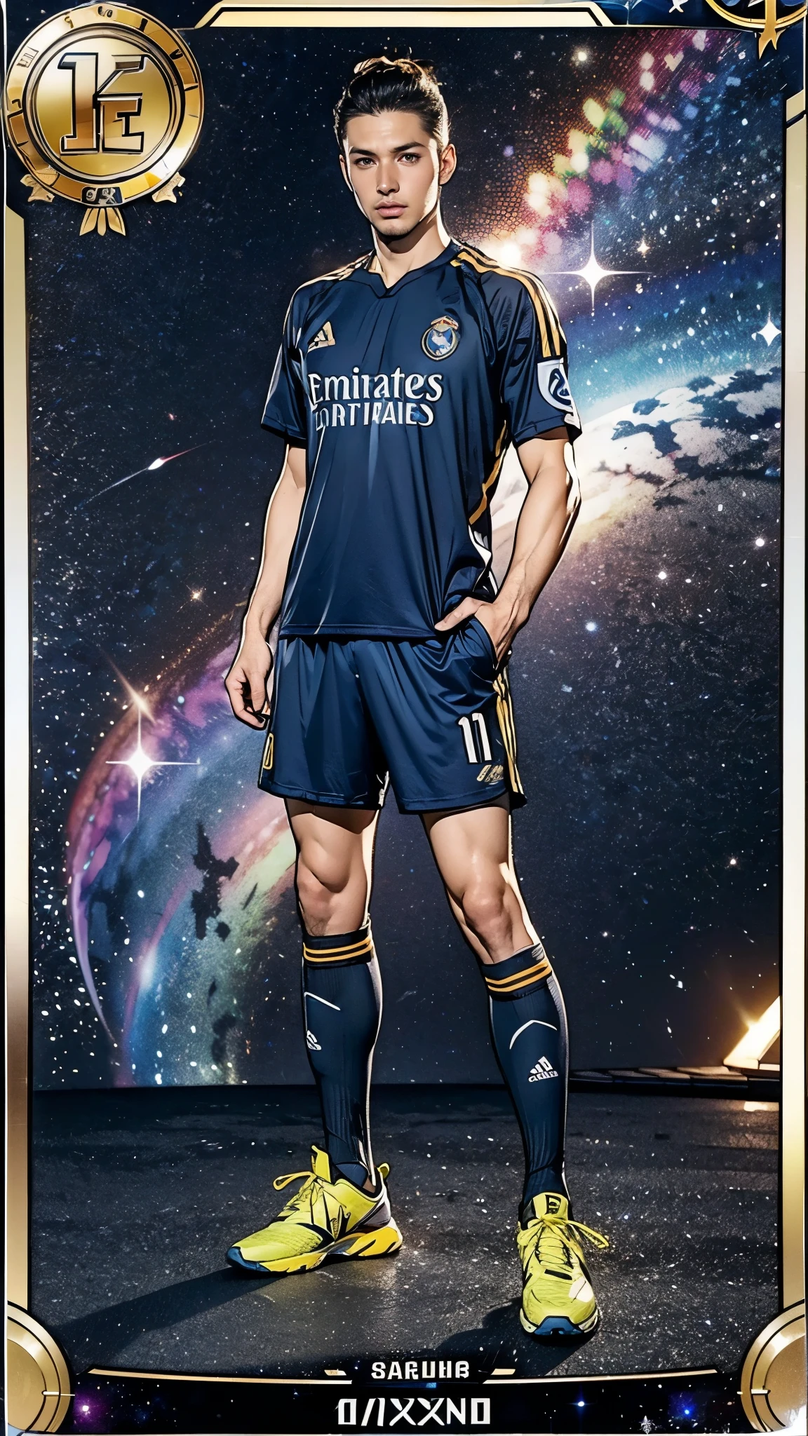 (masterpiece:1.2, Highest quality),(Super detailed),(Highest quality),(High resolution),(Photorealistic Stick),(RAW Photos),8k,wallpaper,(European Men:1.5),(Soccer Player Trading Cards),(((Beautiful trading cards))),((Special trading cards)),((Upper Deck-inspired design)),(Real Madrid shirt),(Soccer Shoes),(((front))),(((whole body:1.5))),(Serious),((Detailed hands)),(((dynamic))),((The background is the galaxy))