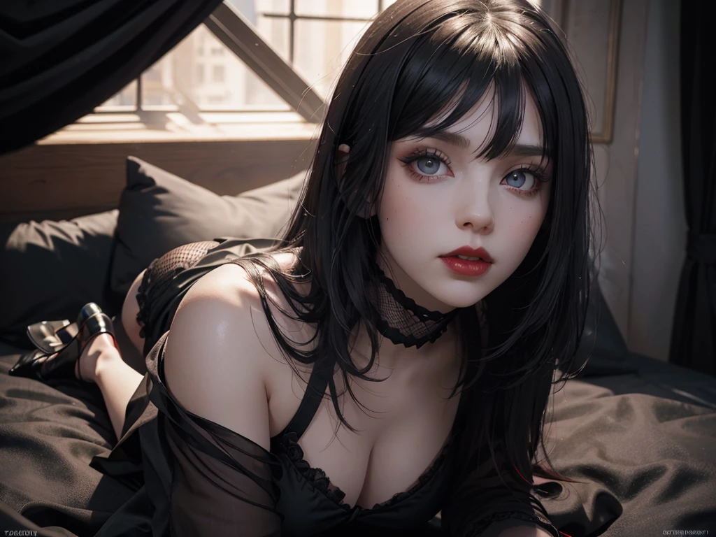 (best quality,highres),(realistic:1.37),dark,goth,woman, eyes,detailed face,black clothes,bobcut black hair,straight bangs,pale skin,red lipstick,intense expression,mysterious atmosphere,gothic background,dim lighting,night,vivid colors, fishnets, topless, fullbody, on her hands and knees, submissive girl, thick thigs, imminent deepthroat, cumshot pose,