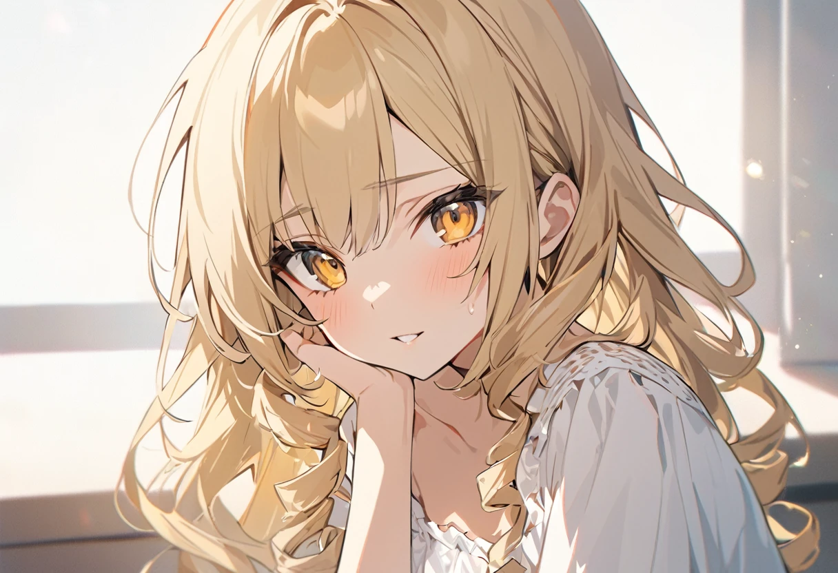 score_9, score_8_superior, score_7_superior, sauce_anime, One girl,Yellow Eyes, Highest quality, Blonde, Ringlet, Portraiture, White sundress,