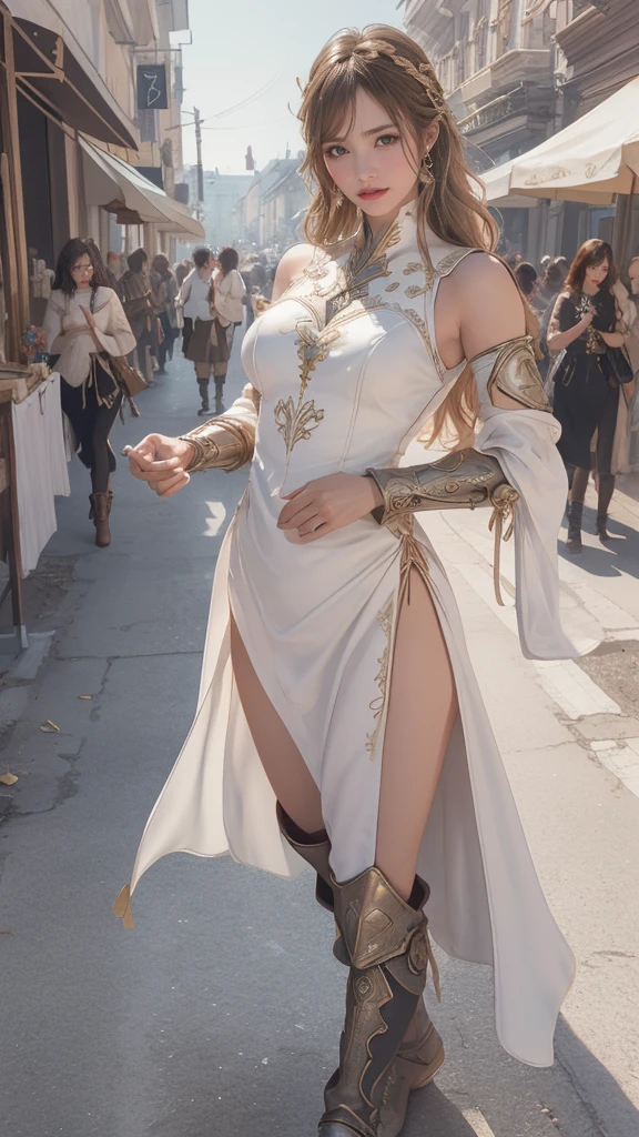looking back,(fighting pose),(leather boots,(asymmetrical armor),(long embroidered cute dress,see through,lift up the hem of the gold &White dress)),(random hairstyle),(Thin type:1.5),(large breasts),(Highest image quality,(8K), Ultra-realistic, Best Quality, High quality, High Definition, high quality texture, high detailing, long leg,beautful leg, Beautiful detailed, fine detailed, extremely details CG, Detailed texture, realistic representation of face, masterpiece, presence)