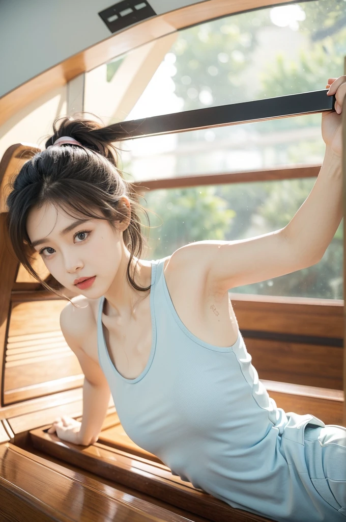 (((best quality))),(((ultra detailed))),(((masterpiece))),illustration,(1 beautiful girl,solo),((slim,thin)),((small breasts,flat chest)),(blush:1.5),summer afternoon,living room,sanctuary of tranquility,fitness,grace,(short ponytail:1.2),effortless elegance,((light blue yoga tank top,matching shorts)),youthful radiance,enchanting,inspiring,(sitting on treadmill:1.3),body drenched in perspiration,(sweat:1.5),dedication,inner strength,determination,composed,focused,eyes,lush potted plant,greenery,life,vitality,soft sunlight,warm patches of light,wooden floor,fragrant cookies,cozy ambiance,attire,functional,fashionable,comfort,flexibility,slender figure,curves,lightweight material,unrestricted movement,sneakers,feet,grip,treadmill's belt,propel,forward,serene expression,slight smile,lips,focused on horizon,visualizing goals,dreams,radiant beauty, comfortable clothing,determined spirit,captivating,inspiring image,essence of summertime fitness,self-care,((from front,upper body))