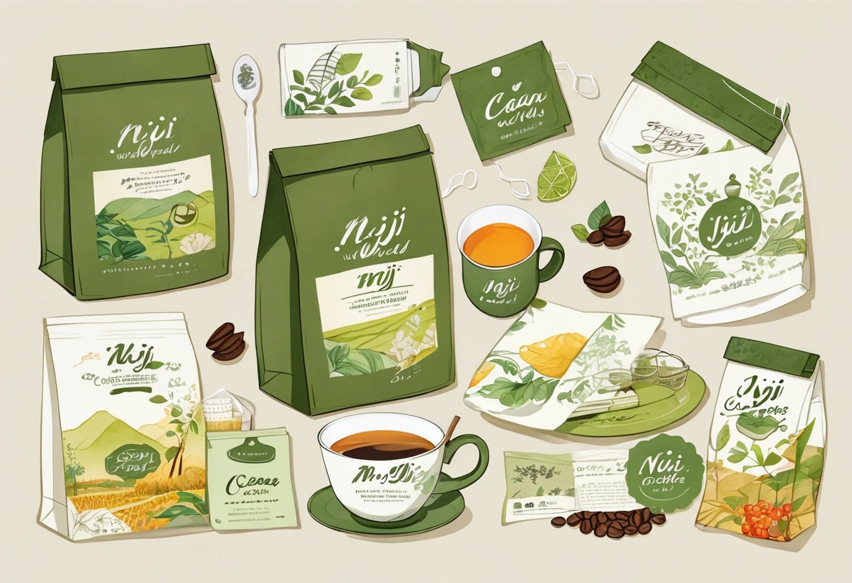 A set of tea sets for casual relaxation with illustrations,calligraphic fonts with green tones,coffee bags,paper bags,prints and accessories,with the theme of the harvest world,clean light gray background,(niji:2),hand-drawn,illustration style