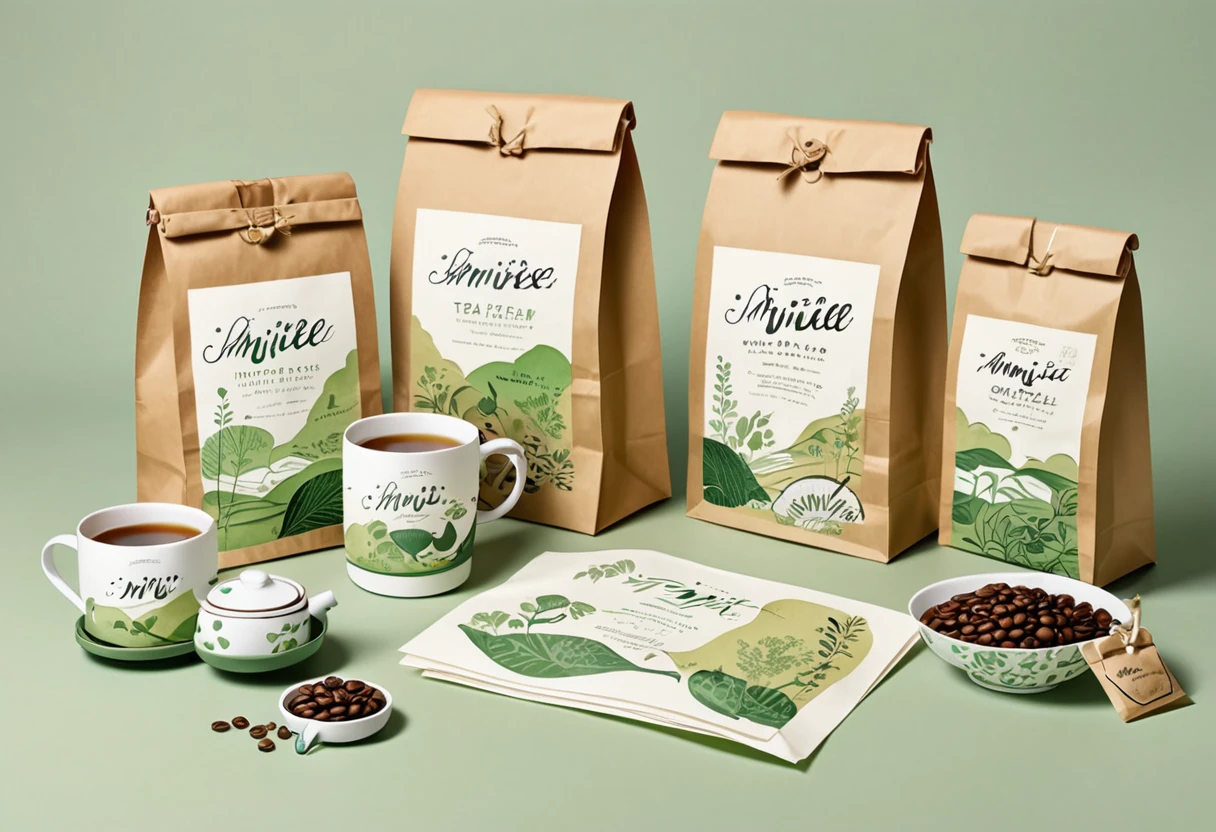 A set of tea sets for casual relaxation with illustrations,calligraphic fonts with green tones,coffee bags,paper bags,prints and accessories,with the theme of the harvest world,clean light gray background,(niji:2),hand-drawn,illustration style,