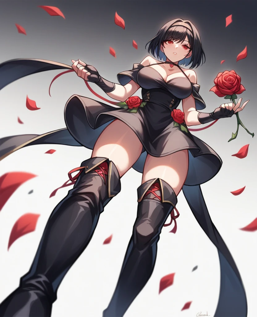 very beautiful, graceful, and fairly tall young woman with a slender, curvaceous frame. She has long, straight, black hair reaching her mid-back with short bangs framing her forehead and upturned red eyes she wear orm-fitting halter-style black dress that shows off her shoulders and chest, with a rose choker and a red rose pattern on the inside of her skirt. The front of the skirt is mid-thigh length, while the back reaches below her knees. She also wears a pair of black heeled thigh-high boots with a rose symbol at the bottom of their sole and black fingerless gloves. The headband she wears is gold colored with a rose and two spikes on each side (full body)