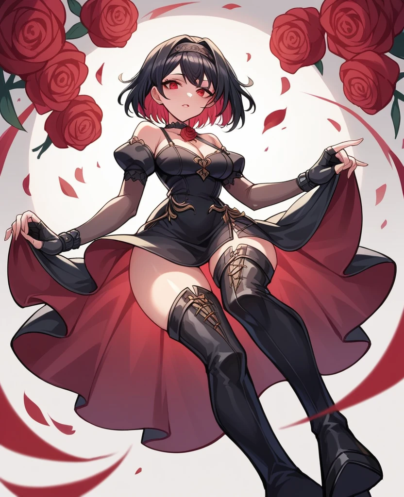 very beautiful, graceful, and fairly tall young woman with a slender, curvaceous frame. She has long, straight, black hair reaching her mid-back with short bangs framing her forehead and upturned red eyes she wear orm-fitting halter-style black dress that shows off her shoulders and chest, with a rose choker and a red rose pattern on the inside of her skirt. The front of the skirt is mid-thigh length, while the back reaches below her knees. She also wears a pair of black heeled thigh-high boots with a rose symbol at the bottom of their sole and black fingerless gloves. The headband she wears is gold colored with a rose and two spikes on each side (full body)