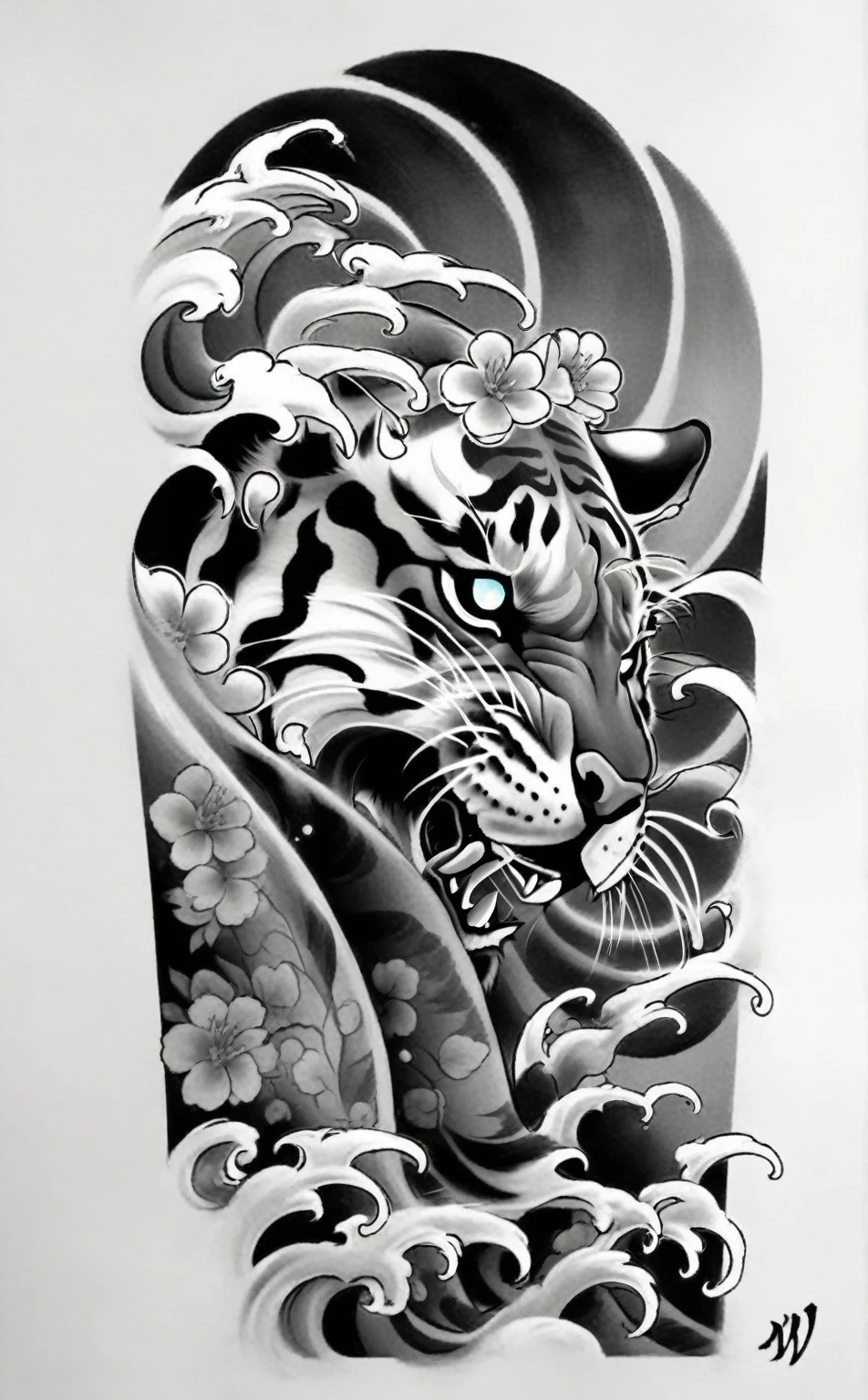 realistic tattoo art of Orange tiger with (((Blue eyes))) with pink sakura petal effect ,he is with open mouth looking very fierce and angry, the background is Japanese wave tattoo, (Unity 16K Wallpaper, masterpiece, Best Quality, high quality, Ultra-detailed, extremely details), a tattoo design, realistic tattoo art of Orange tiger with (((Blue eyes))) with pink sakura petal effect ,he is with open mouth looking very fierce and angry, the background is Japanese wave tattoo, realistic tattoo art of Orange tiger with (((Blue eyes)))