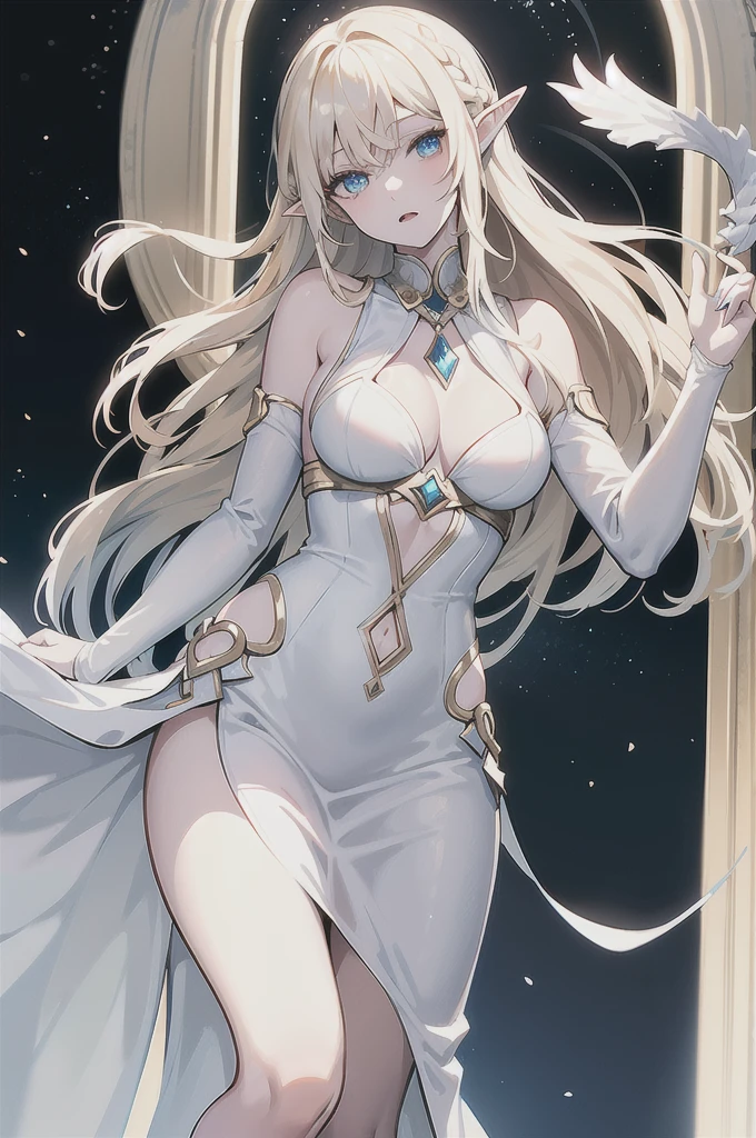 adult elf woman, White skin, Long loose blonde hair, blue eyes, She wears an elegant white dress with a little but not too revealing, calm look and expression, good figure