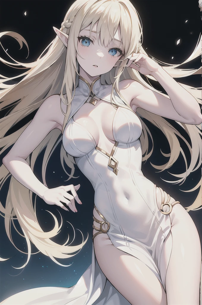 adult elf woman, White skin, Long loose blonde hair, blue eyes, She wears an elegant white dress with a little cleavage but not too revealing, calm look and expression, good figure