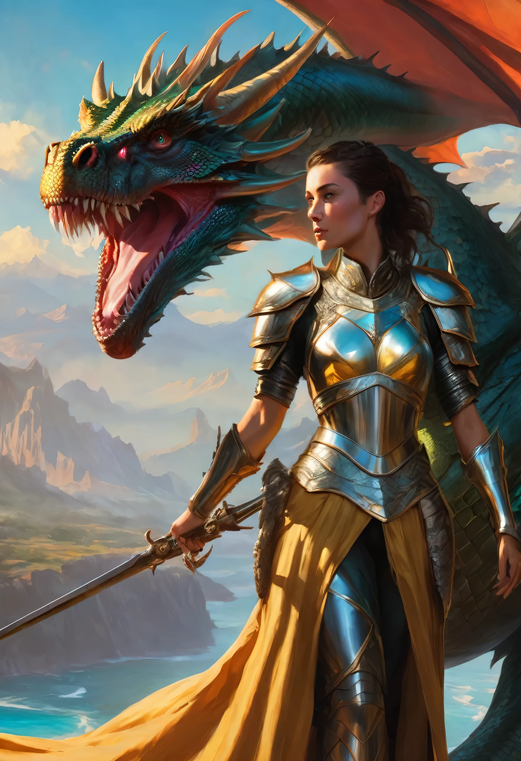 a woman in armor with a dragon on her shoulder, dragon queen, fantasy card game art, epic fantasy card game art, graphic artist magali villeneuve, artgerm julie bell beeple, queen of dragons, aly fell and artgerm, detailed fantasy art, magic : the gathering art, magic the gathering art, female lord of change
