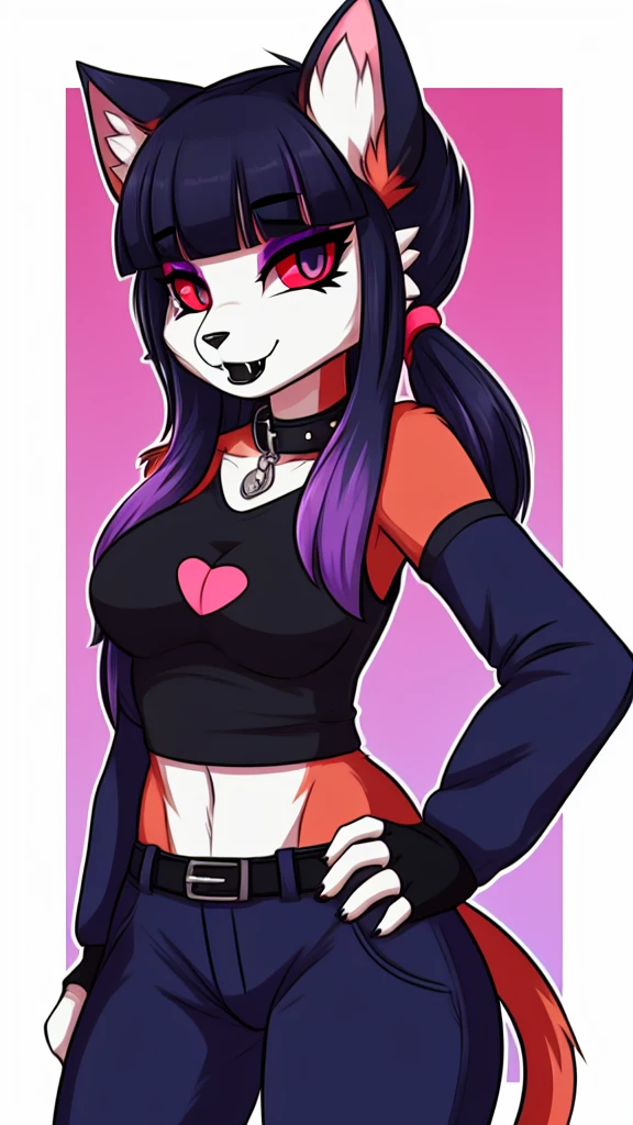 Furry,Cat,Solo female Velvette is a slim and rather demon with cedar-brown skin, and long curly hair kept into pigtails with bangs by black hair ties. Her hair is colored in a desire-red that features the insides colored in a faded dark navy-blue, and white swirled-streaks on her pigtails and one on her bangs.
Her eyes have white irises, red sclera and slit-like pupils, and her makeup consists of burgundy eyeshadow on her eyelids, and black lipstick on her lips with a strip across the center of her mouth, which has fangs inside.
Velvette's clothing is that of a set of skull earrings, and a sleeveless dark navy-blue coat with burgundy lining and two desire hearts on the left side of the fur collar (similar to the ones on Valentino's). Her coat is usually worn over a sleeveless, black turtleneck crop-top that includes two desire hearts on the chest. Her loose pants are colored in navy-blue and desire-red in a striped pattern, held by a dark navy belt with a white heart-shaped buckle.
For footwear, she wore navy low-heeled shoes with white pom-poms on top. Velvette accessorized with black-striped fingerless opera gloves with alternating colors - white for her right glove and desire for her left.