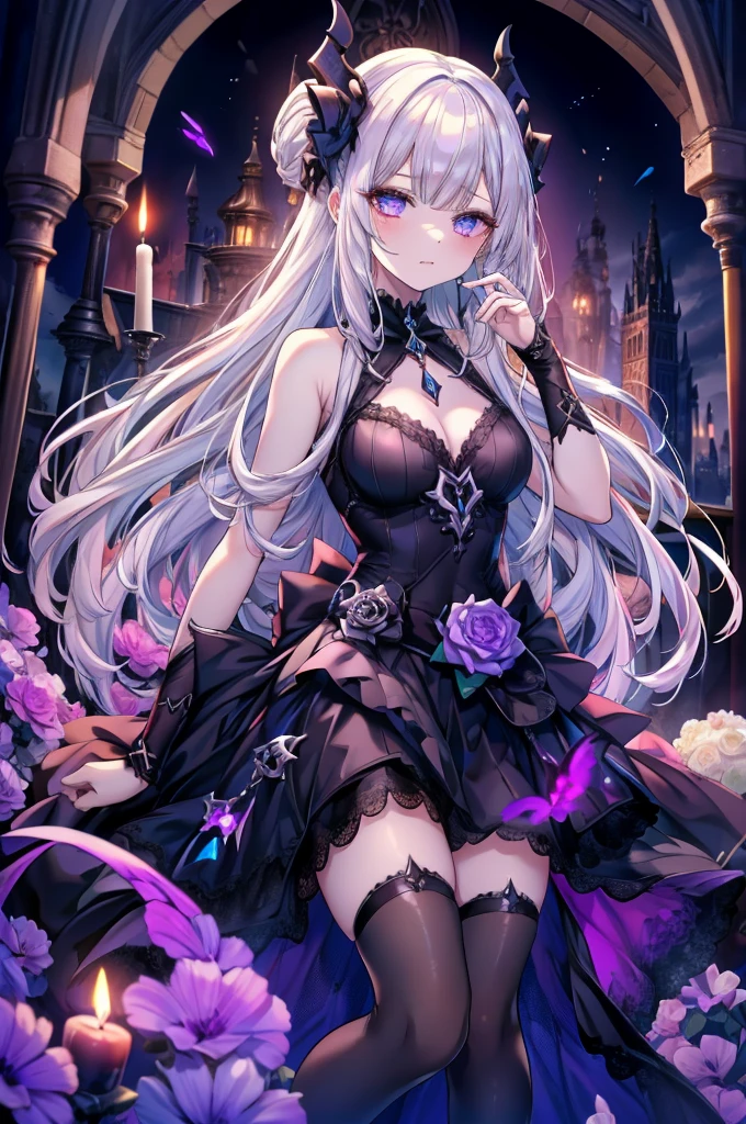 （masterpiece，Highest quality）， alone，A white-haired woman is holding a candle，Anime Skull Woman Portrait,Beautiful Necromancer girl，Beautiful girl necromancer，，Smokey, Flowing white hair，A critical eye，Pale skin，Black eyeshadow，Black blood and tears，Two fangs exposed，Gothic Girl Anime Characters，Beautiful Necromancer，gothic fantasy art，Dark Fantasy Art, White-haired God,Retrato de um Female Necromancer，Female Necromancer，Goddess of Death，Dark atmosphere lighting，Shining Sterioajic，Edge Light