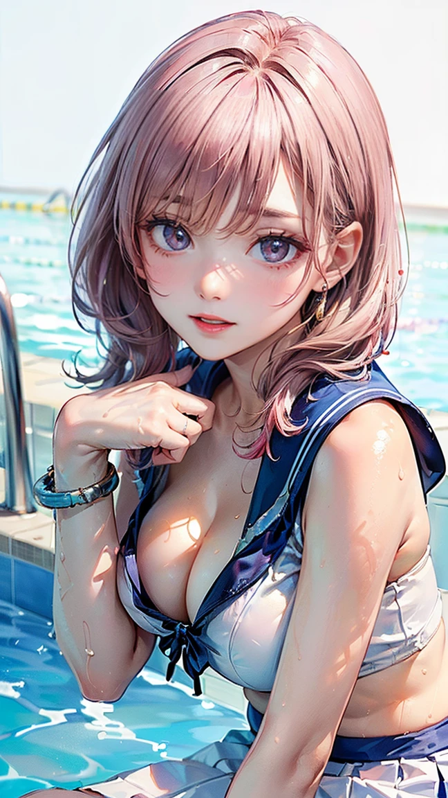 ((Highest quality, 8k, masterpiece :1.3)), (Sharp focus :1.2, Beautiful woman with perfect figure :1.4, Slim Abs), ((Big Breasts, Emphasize cleavage:1.2)), (Photorealistic:1.4), (realistic:1.4), (Pink Hair:1.5), Highly detailed face and skin texture, Fine grain, double eyelid. Makeup face, A little bit of lipstick, sex appeal, Sexy gravure pose, ((Blue sailor suit and white skirt、Poolside background、Smiling female high school student holding a swim ring、Silver Bracelet。:1.3)