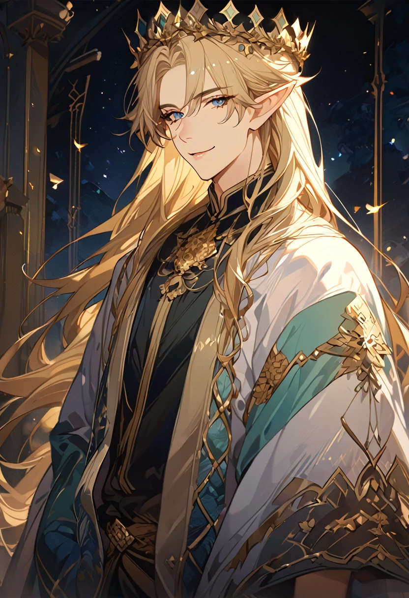 masterpiece, best quality, 8k ,4k , 1male, elf King, Golden Blond, Blue greenish eyes, gold wreath crown, hair ornament, long hair, finely detailed eyes and detailed face, looking at viewer, black sleeveless, half robe, patterned clothes, gold embroidery clothes, meticulous clothes, mature clothe, majestic looks, smiling gently, small bird, full body, inspired by Asukaziye artist : ask, art style : ask