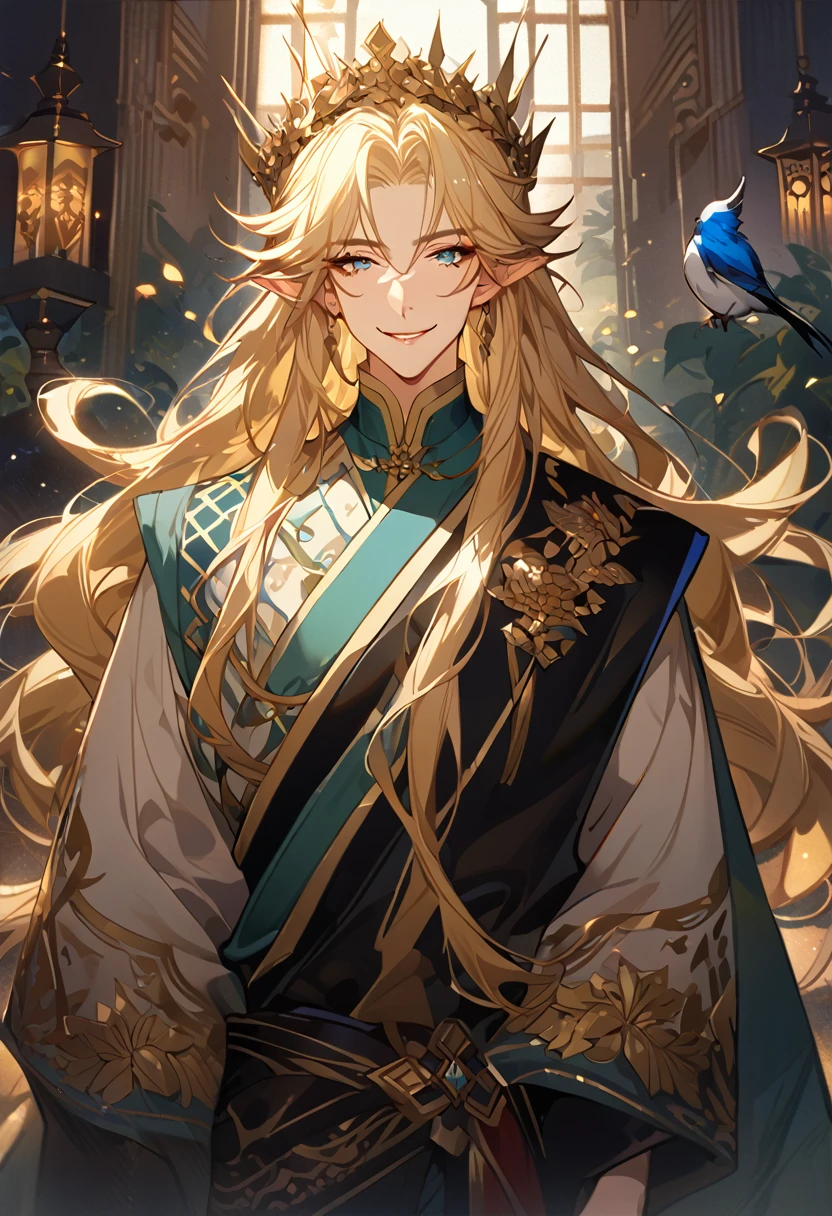 masterpiece, best quality, 8k ,4k , 1male, elf King, Golden Blond, Blue greenish eyes, gold wreath crown, hair ornament, long hair, finely detailed eyes and detailed face, looking at viewer, black sleeveless, half robe, patterned clothes, gold embroidery clothes, meticulous clothes, mature clothe, majestic looks, smiling gently, small bird, full body, inspired by Asukaziye artist : ask, art style : ask