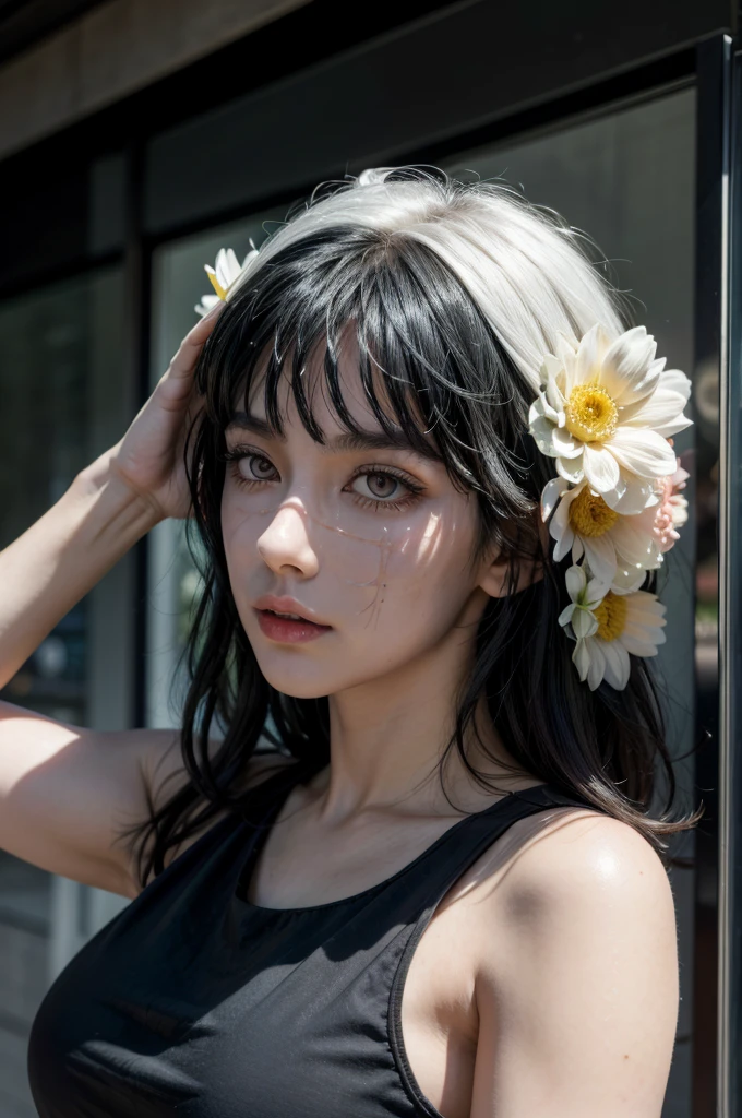 Yoru from chainsaw man , realistic, age 25, pure white skin, drown pupils, black bob long hair, perfect face, perfect size body, large breasts, black and white dress, posing to viewer, 8k , ultra realistic.