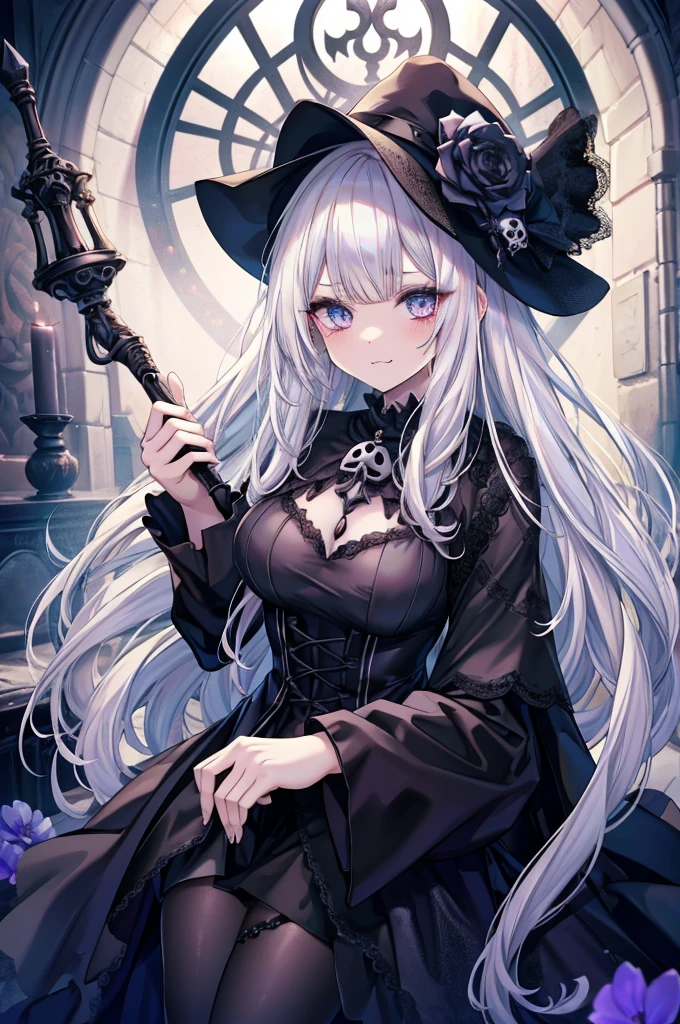 （masterpiece，Highest quality）， alone，A white-haired woman is holding a candle，Anime Skull Woman Portrait,Beautiful Necromancer girl，Beautiful girl necromancer，，Smokey, Flowing white hair，A critical eye，Pale skin，Black eyeshadow，Black blood and tears，Two fangs exposed，Gothic Girl Anime Characters，Beautiful Necromancer，gothic fantasy art，Dark Fantasy Art, White-haired God,Retrato de um Female Necromancer，Female Necromancer，Goddess of Death，Dark atmosphere lighting，Shining Sterioajic，Edge Light