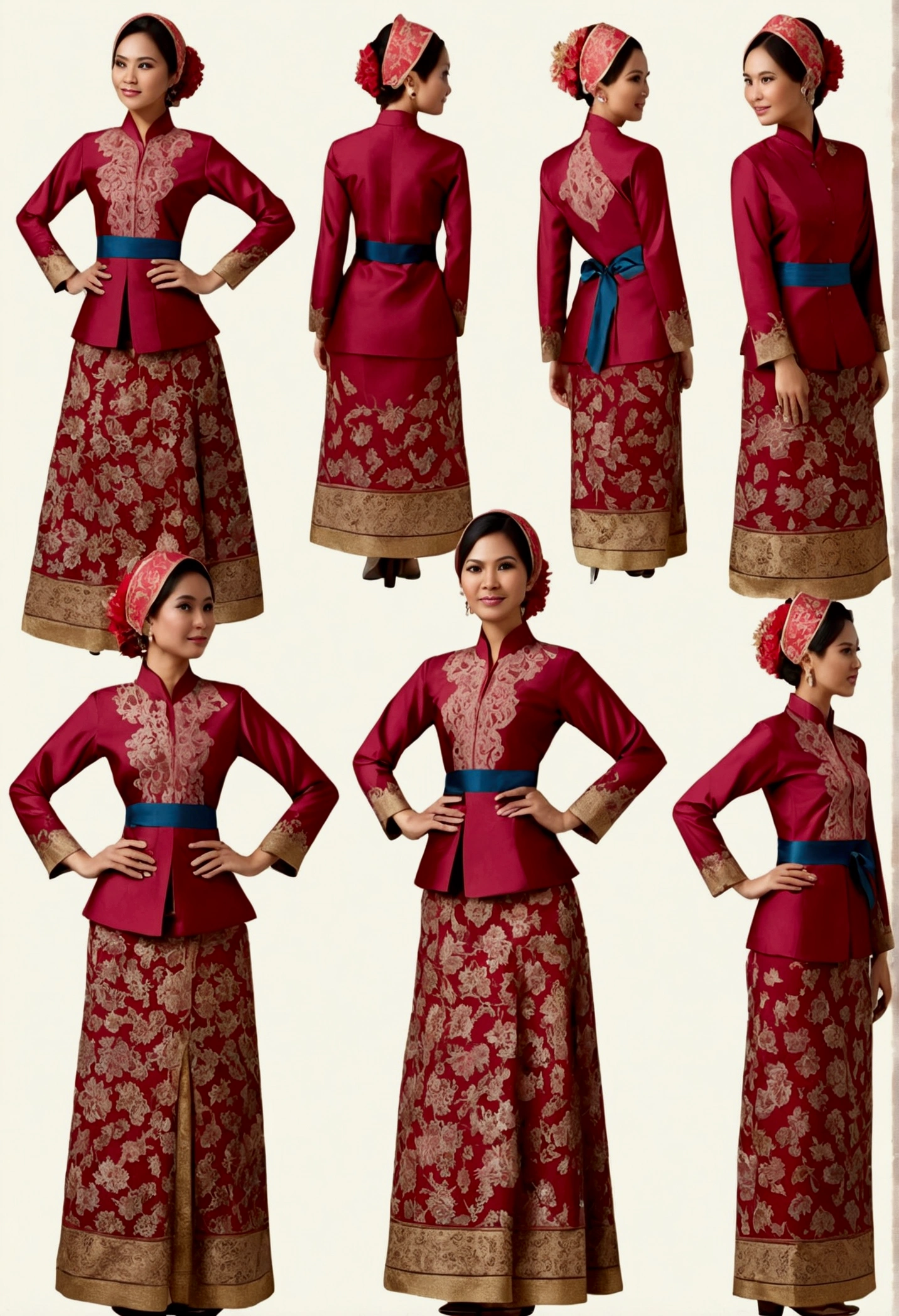 Create an illustration yet refined outfit for commoners in a society inspired by puteri gunung ledang with Malaysia Kebaya clothing influences. The clothing should be made from durable, comfortable materials and feature simple yet elegant designs. Utilize shades of red and incorporate batik motifs in the patterns and embroidery. The outfit should blend the functionality of Malay workwear with the flowing lines of Malaysia Kebaya attire. Accessories should be minimal but functional, such as sashes, simple jewelry, headbands, and traditional Malay shoe. The overall look should reflect the commoners' respect for strength and honor, while being suitable for daily activities. reference sheet, character chart, (((three-sided view, front front view, side view, back back view, multiple views, multiple poses and expressions, many parts))), give space space to each view, 8K resolution, high details, high quality, highres, anatomically correct