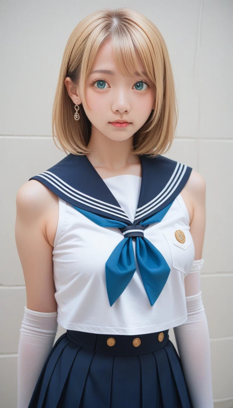 score_9_up, score_8_up, score_7_up, score_6_up, close up, 1 girl, sailor, Tsukino Usagi, (sailor chiseki uniform:1.2), (Aqua eyes:0.9), Blonde Hair, Medium Length Hair, Wedge Skirt, best quality, earrings, masterpiece, high resolution, Intricate details, (Practical)), photography, (White elbow gloves:1.1), Jewelry, Medium breasts, whole body, Dynamic Background, Dynamic poses, White