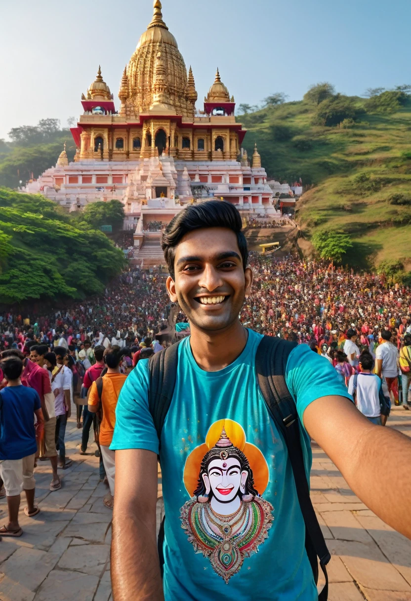 Hyper-realistic photo of a South Asian man named Arun in his early 20s, smiling brightly as he takes a selfie with his iPhone 15 Pro Max. Arun is wearing a t-shirt with his name on it and standing on a beautiful hill next to a massive Hanuman statue. In the background, there's a colorful temple and a crowd of people walking around, celebrating a festival. HD quality