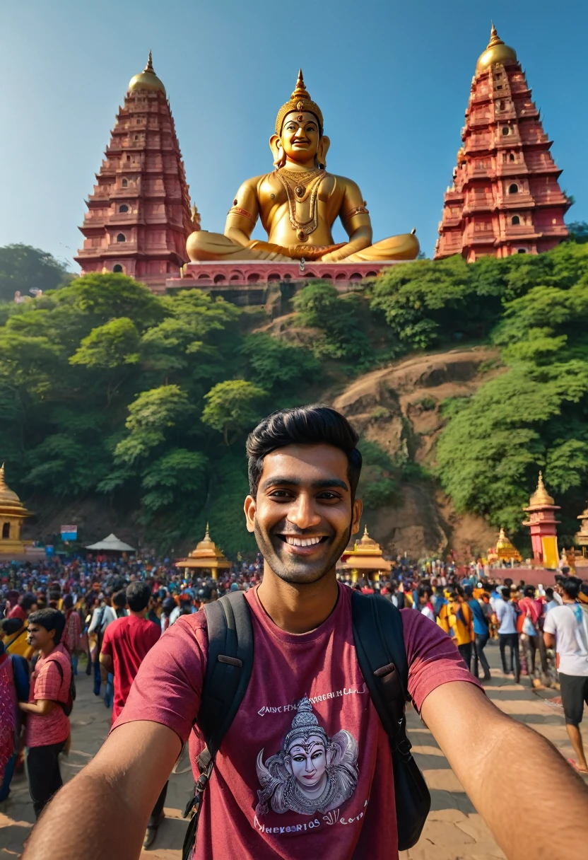 Hyper-realistic photo of a South Asian man named Arun in his early 20s, smiling brightly as he takes a selfie with his iPhone 15 Pro Max. Arun is wearing a t-shirt with his name on it and standing on a beautiful hill next to a massive Hanuman statue. In the background, there's a colorful temple and a crowd of people walking around, celebrating a festival. HD quality