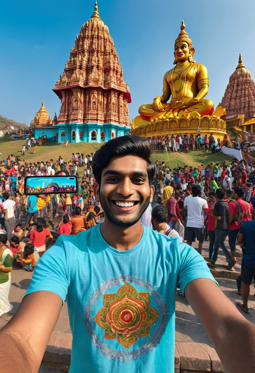 Hyper-realistic photo of a South Asian man named Arun in his early 20s, smiling brightly as he takes a selfie with his iPhone 15 Pro Max. Arun is wearing a t-shirt with his name on it and standing on a beautiful hill next to a massive Hanuman statue. In the background, there's a colorful temple and a crowd of people walking around, celebrating a festival. HD quality
