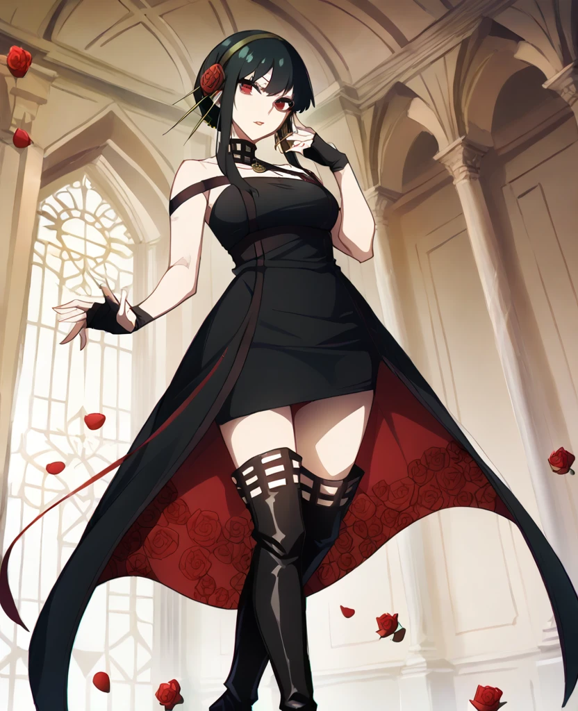 very beautiful, graceful, and fairly tall young woman with a slender, curvaceous frame. She has long, straight, black hair reaching her mid-back with short bangs framing her forehead and upturned red eyes she wear orm-fitting halter-style black dress that shows off her shoulders and chest, with a rose choker and a red rose pattern on the inside of her skirt. The front of the skirt is mid-thigh length, while the back reaches below her knees. She also wears a pair of black heeled thigh-high boots with a rose symbol at the bottom of their sole and black fingerless gloves. The headband she wears is gold colored with a rose and two spikes on each side (full body)