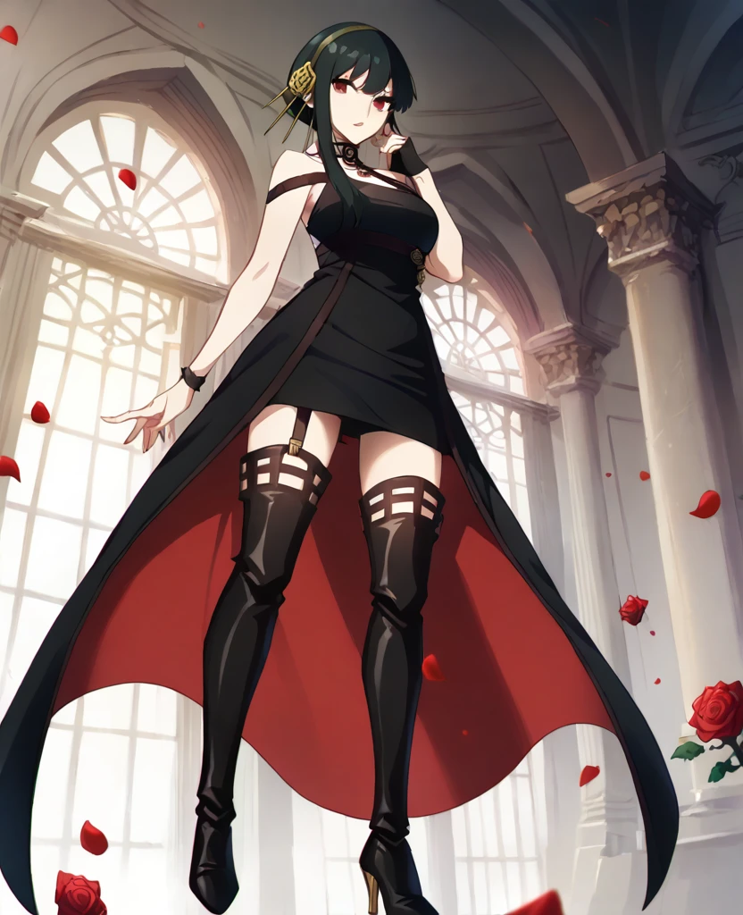 very beautiful, graceful, and fairly tall young woman with a slender, curvaceous frame. She has long, straight, black hair reaching her mid-back with short bangs framing her forehead and upturned red eyes she wear orm-fitting halter-style black dress that shows off her shoulders and chest, with a rose choker and a red rose pattern on the inside of her skirt. The front of the skirt is mid-thigh length, while the back reaches below her knees. She also wears a pair of black heeled thigh-high boots with a rose symbol at the bottom of their sole and black fingerless gloves. The headband she wears is gold colored with a rose and two spikes on each side (full body)