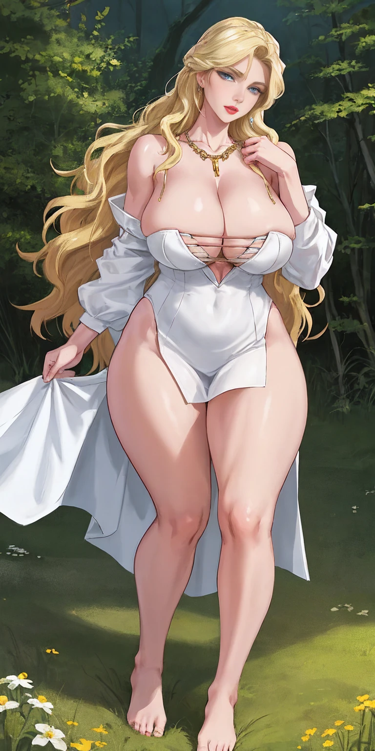 full body of blonde scandinavian goddess muscle tone full body, face of elsa hosk, huge breasts, white silk dress with deep cleavage, bare feet, amber necklace, light blue eyes, golden blonde wavy hair, red lips, seductive gaze, volumetric lighting, realistic, meadow background, thick thighs, muscular body, jewelry, realistic, raw, analog, woman, photorealistic, analog, realism