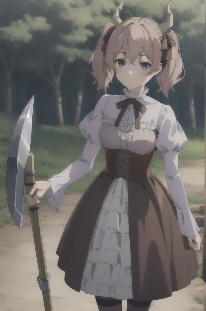lineye,1girl,solo,short twintails,hair between eyes,pink hair,medium hair,demon horns,dark red hair ribbon,pointy ears,purple eyes,
frilled shirt collar,dark red choker,white frilled shirt,juliet sleeves,long sleeves,dark red neck ribbon,dark red dress,white frilled dress,white layered dress,brown corset,striped pantyhose,
mary janes,outdoors,battle axe,holding axe, Exquisite visuals, high-definition,masterpiece,best quality,Exquisite visuals,high-definition,masterpiece,best quality,18yo,Young female,Beautiful Fingers,Beautiful long legs,Beautiful body,Beautiful character design,