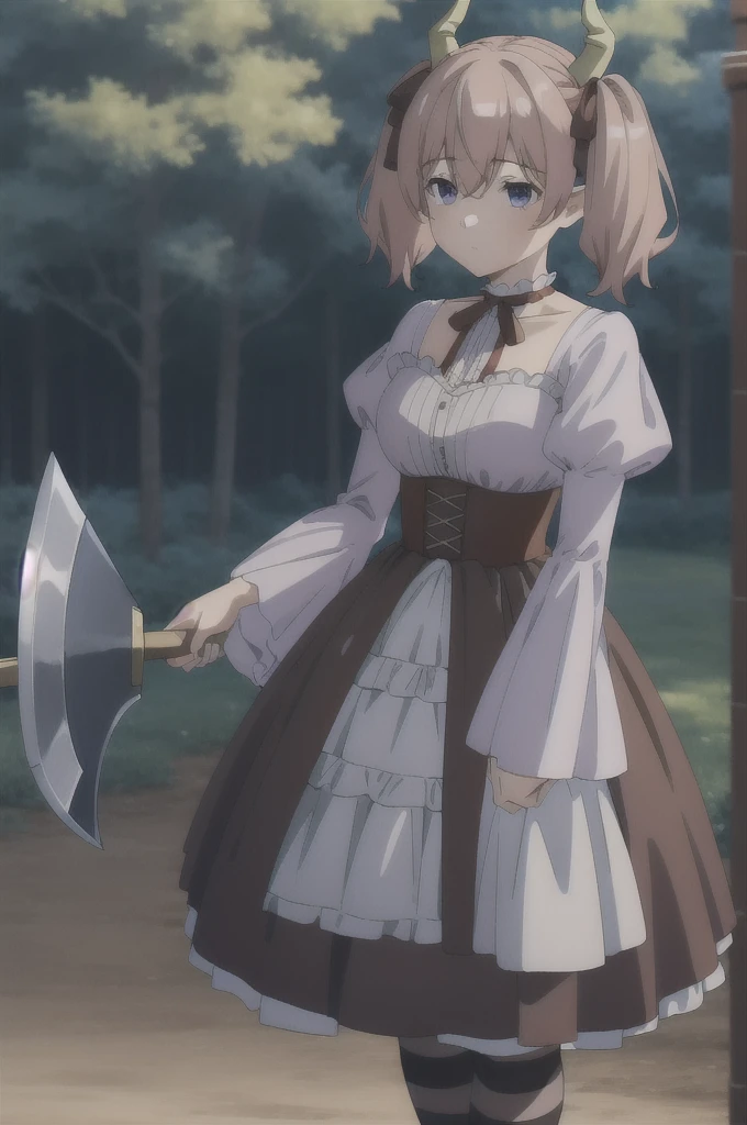 lineye,1girl,solo,short twintails,hair between eyes,pink hair,medium hair,demon horns,dark red hair ribbon,pointy ears,purple eyes,
frilled shirt collar,dark red choker,white frilled shirt,juliet sleeves,long sleeves,dark red neck ribbon,dark red dress,white frilled dress,white layered dress,brown corset,striped pantyhose,
mary janes,outdoors,battle axe,holding axe, Exquisite visuals, high-definition,masterpiece,best quality,Exquisite visuals,high-definition,masterpiece,best quality,18yo,Young female,Beautiful Fingers,Beautiful long legs,Beautiful body,Beautiful character design,