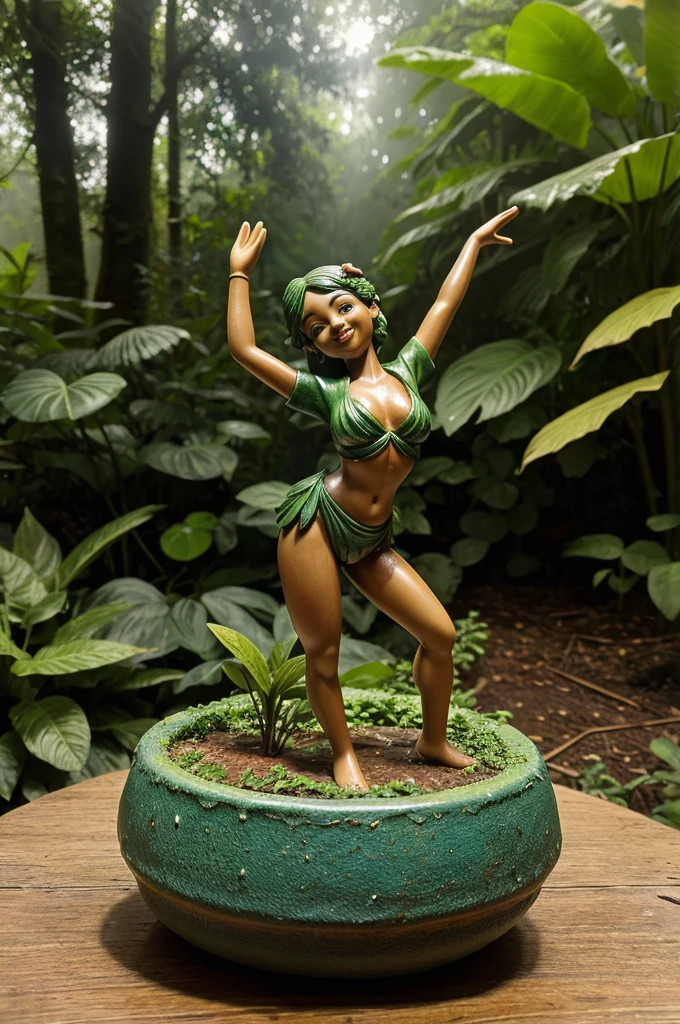 
Go back
A whimsical miniature figure, crafted from a vibrant medley of green leaves, assumes a lively dancing pose atop a worn, earthy pot, surrounded by a lush forest scene awash in the soft, misty glow of rain-kissed greens and blues, evoking a sense of mythical wonder