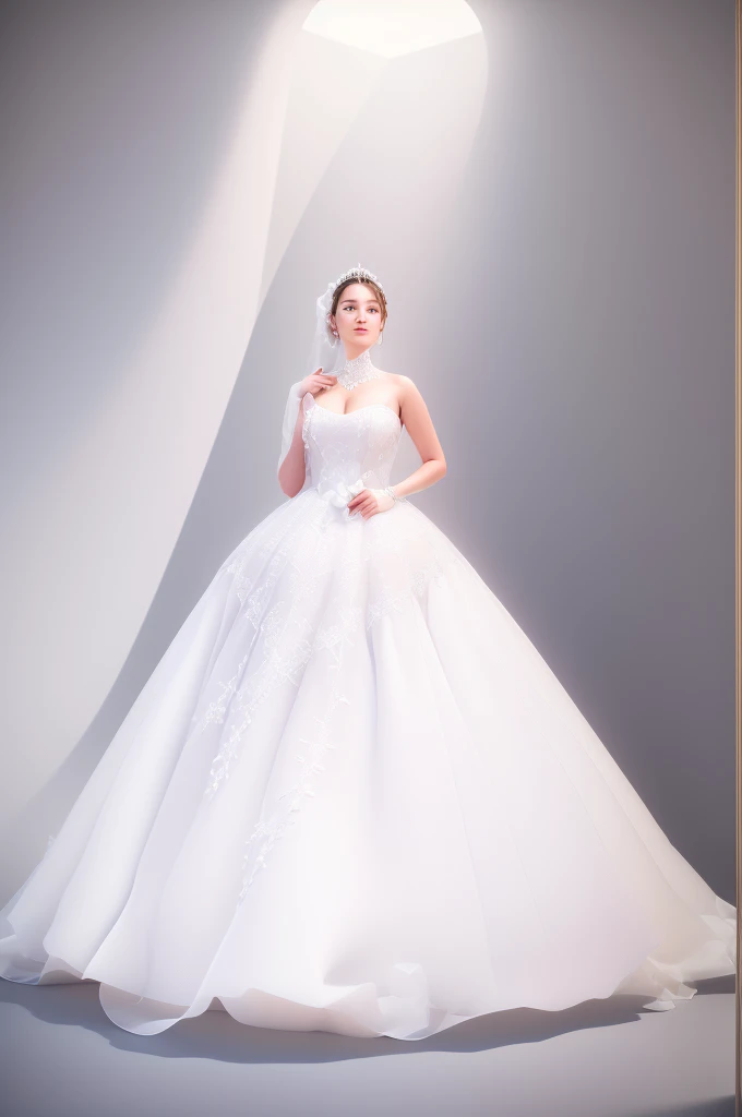 arafed woman in a white wedding dress posing for a picture, gown, white gown, wedding dress, wearing long gown, dressed beautiful gown, flowing gown, 8k --height 768, full length view, soft elegant gown, beautiful gown, 3 d white shiny thick, wearing organza gown, high quality 3d realistic, detailed image, frock