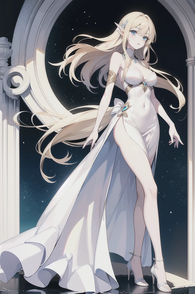 adult elf woman, White skin, Long loose blonde hair, blue eyes, She wears an elegant white dress with a little cleavage but not too revealing, calm look and expression, slim figure