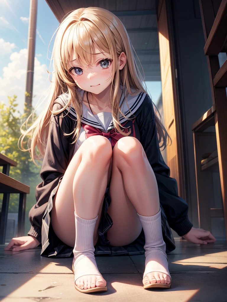 Tabletop、High resolution、One Girl、high school girl、mini skirt、Angle from the front、Sit with your knees on the ground、Looking into the camera、Embarrassed face、Cute anime illustrations、