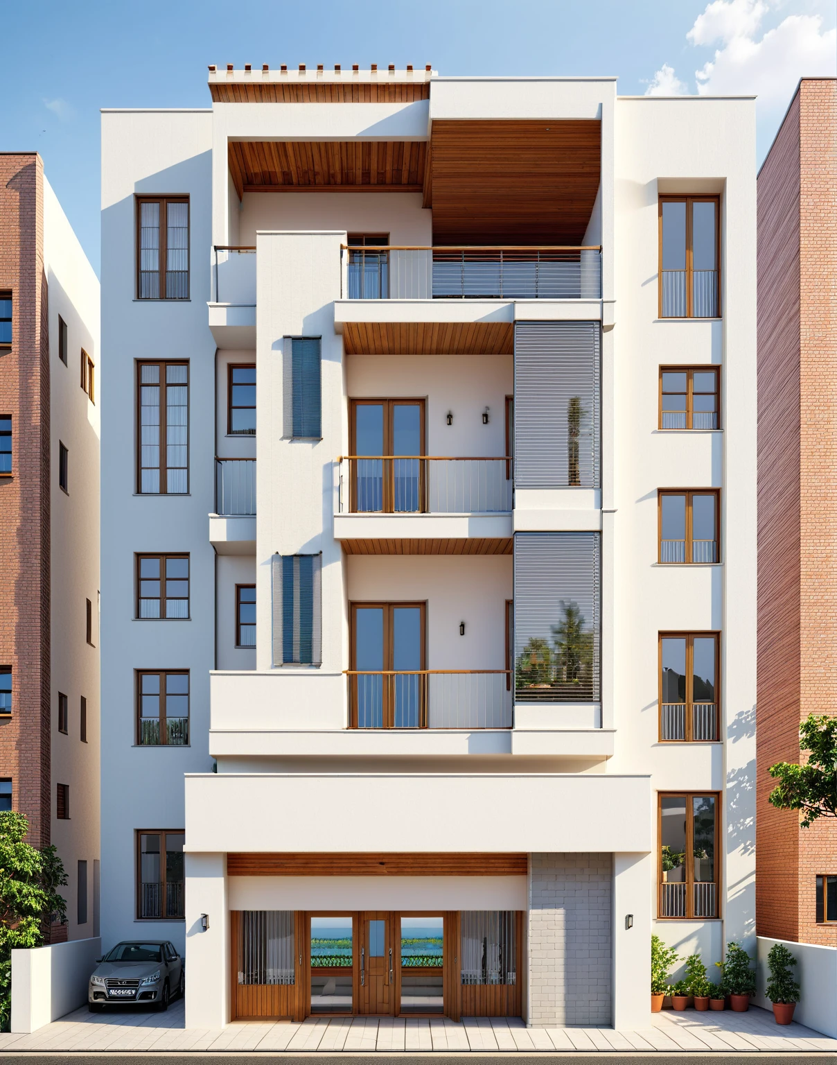 a close up of a building with a balcony and a balcony, building facing, elevation view, mid-view, frontview, front-view, realistic building, exterior design, highly detailed architecture, flat 2 d, an extremely detailed building, comprehensive 2 d render, architectural rendering, architectural render, architecture render, front elevation view, front elevation, 2 d render