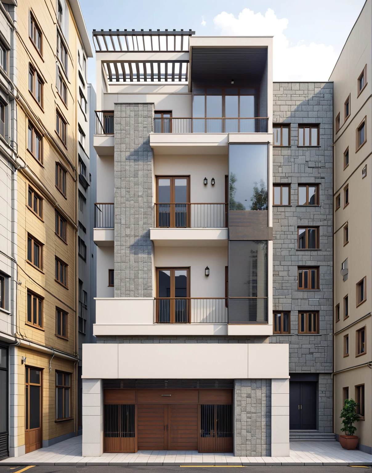 a close up of a building with a balcony and a balcony, building facing, elevation view, mid-view, frontview, front-view, realistic building, exterior design, highly detailed architecture, flat 2 d, an extremely detailed building, comprehensive 2 d render, architectural rendering, architectural render, architecture render, front elevation view, front elevation, 2 d render