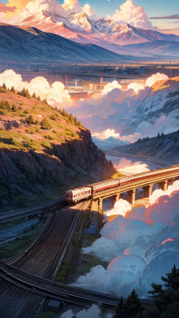 Drone shot of a beautiful train approaching forward on a railway station with mountains far away in the background and lots of big white clouds. Its evening time and the golden hour illuminates the whole scene.