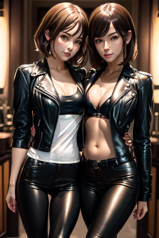 a passionate lesbian couple, blonde and brunette, one wearing a burgundy pleated leather skirt, the other in leather pants, kissing intimately, both in black leather jackets, with leather gloves, (best quality,4k,8k,highres,masterpiece:1.2),ultra-detailed,(realistic,photorealistic,photo-realistic:1.37),highly detailed,dramatic studio lighting,intricate textures,vivid colors,cinematic composition