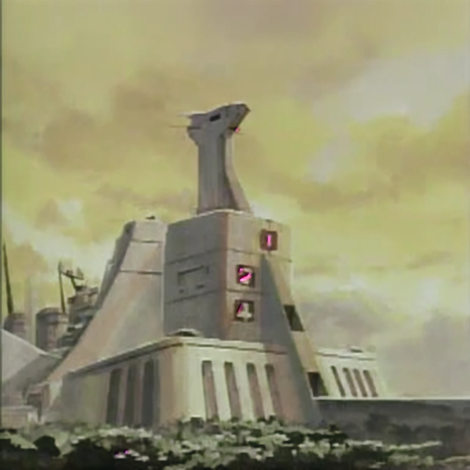 arafed image of a building with a clock tower in the middle, exterior of scifi temple, spaceship from the movie dune, depicted as a scifi scene, 1980s art, brutalist space ship, in year 3000, style of chris foss, futuristic outpost building, brutalist alien civilization, spaceship in background, ziggurat